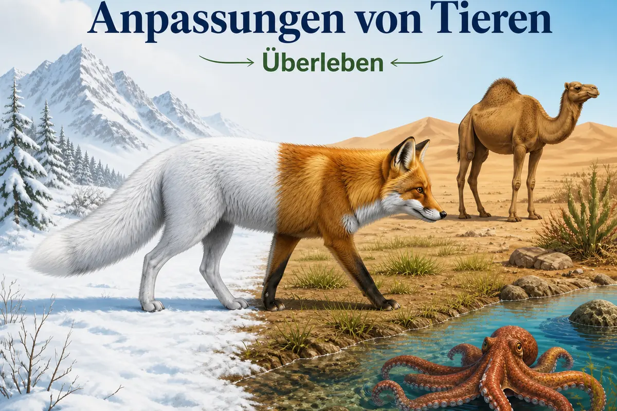 Rotfuchs mit weißem Winterfell und braunem Sommerfell neben Kamel und Oktopus in verschiedenen Lebensräumen