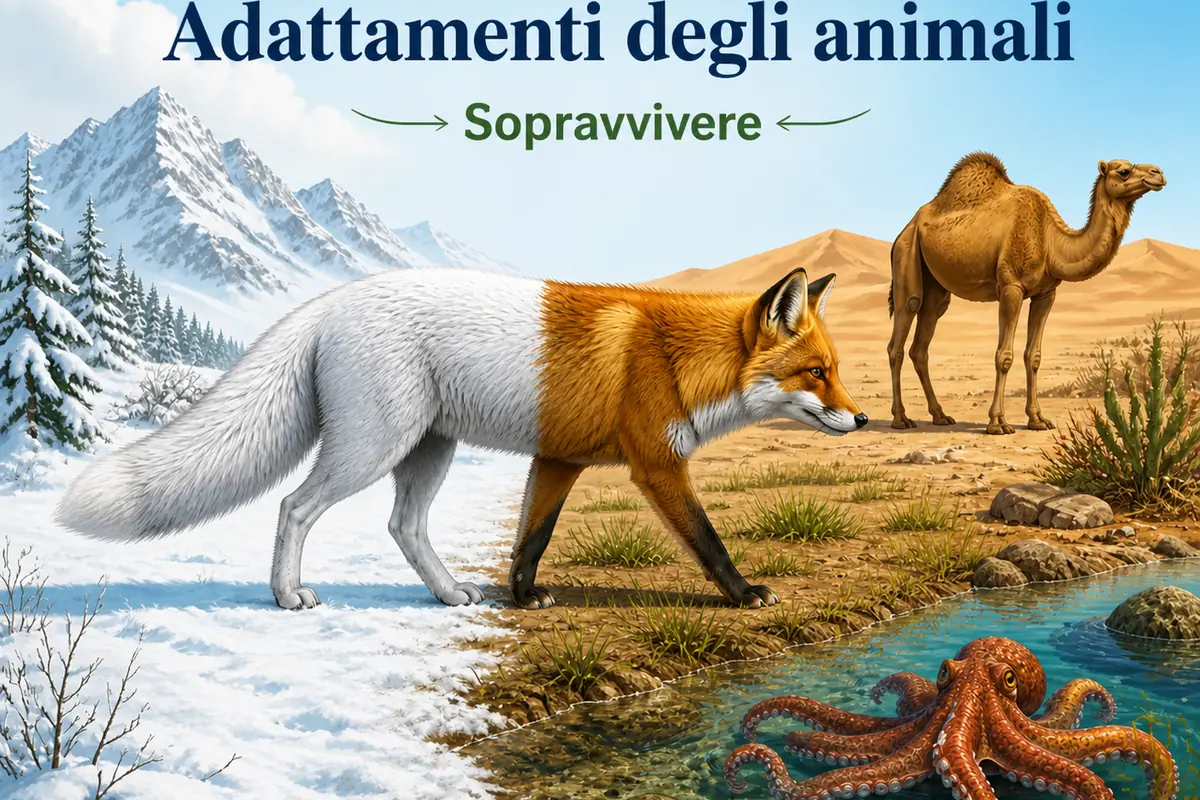 Volpe con mantello bianco invernale e marrone estivo accanto a cammello e polpo in ambienti diversi