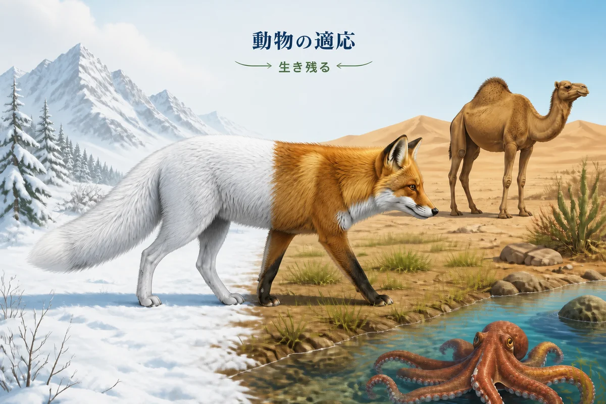 冬の白い毛と夏の茶色い毛を持つキツネ、異なる環境にいるラクダとタコ