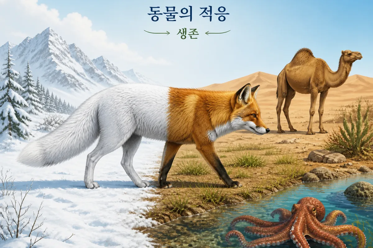 겨울의 흰 털과 여름의 갈색 털을 보이는 여우, 서로 다른 환경의 낙타와 문어