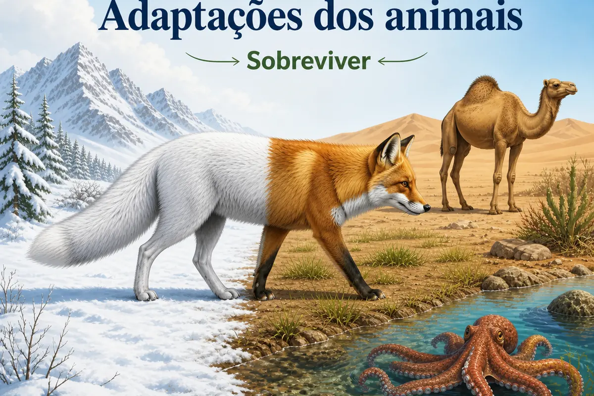 Raposa com pelagem branca de inverno e marrom de verão ao lado de um camelo e um polvo em ambientes diferentes