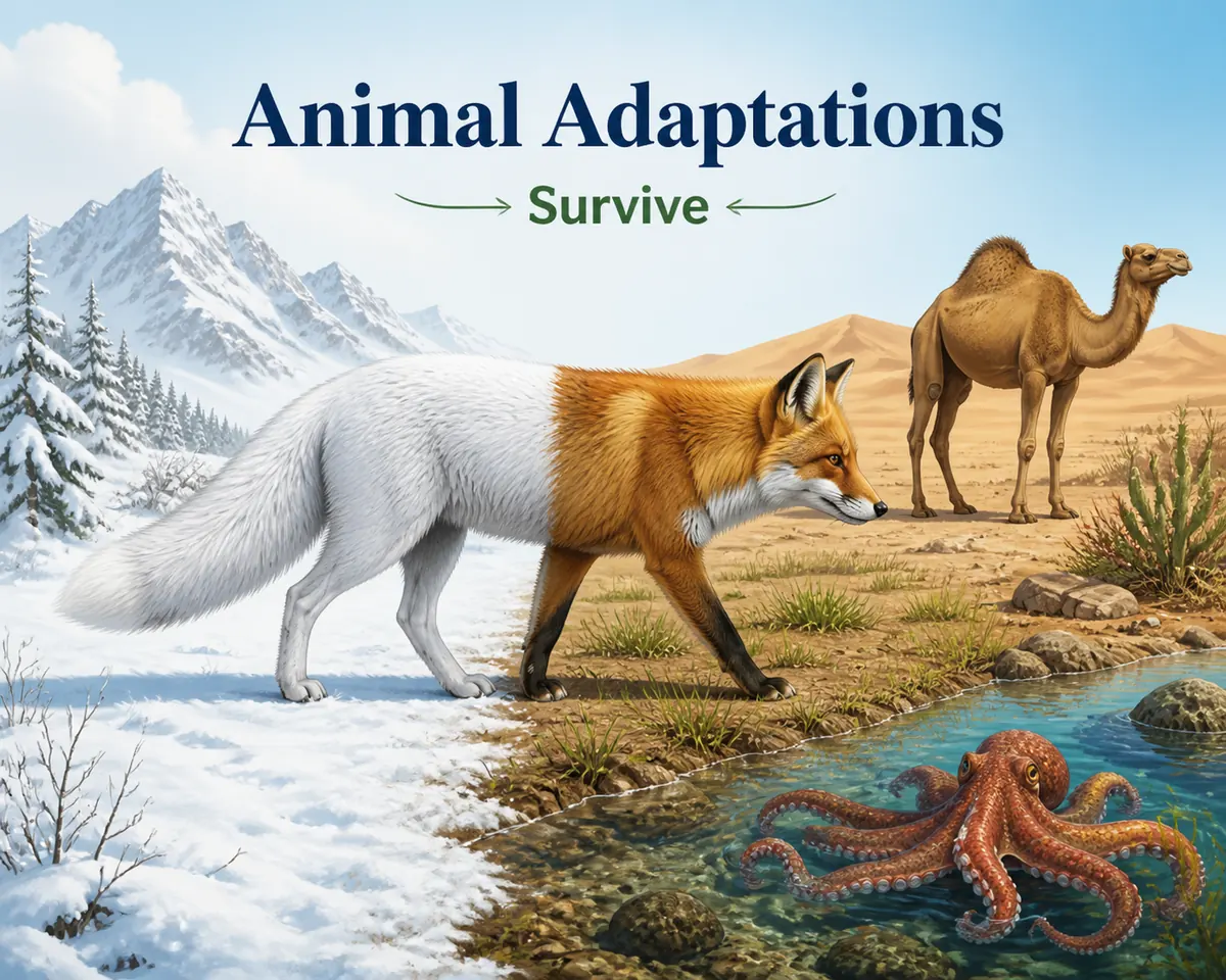 Red fox showing a white winter coat and brown summer coat beside a camel and octopus in different environments