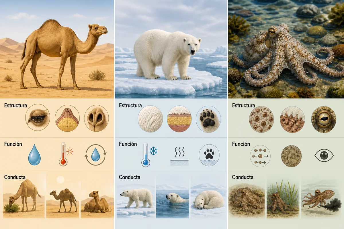 Comparación editorial de las adaptaciones del camello, el oso polar y el pulpo agrupadas como estructura, función y conducta