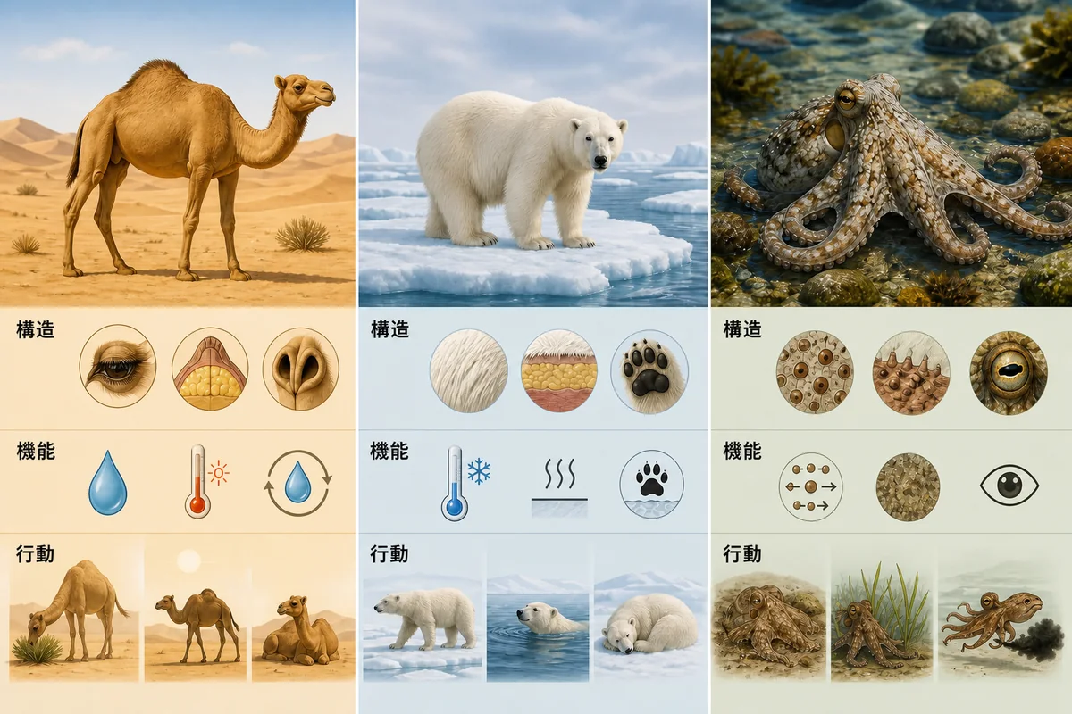 ラクダ、ホッキョクグマ、タコの適応を構造、機能、行動で比較した編集用図解