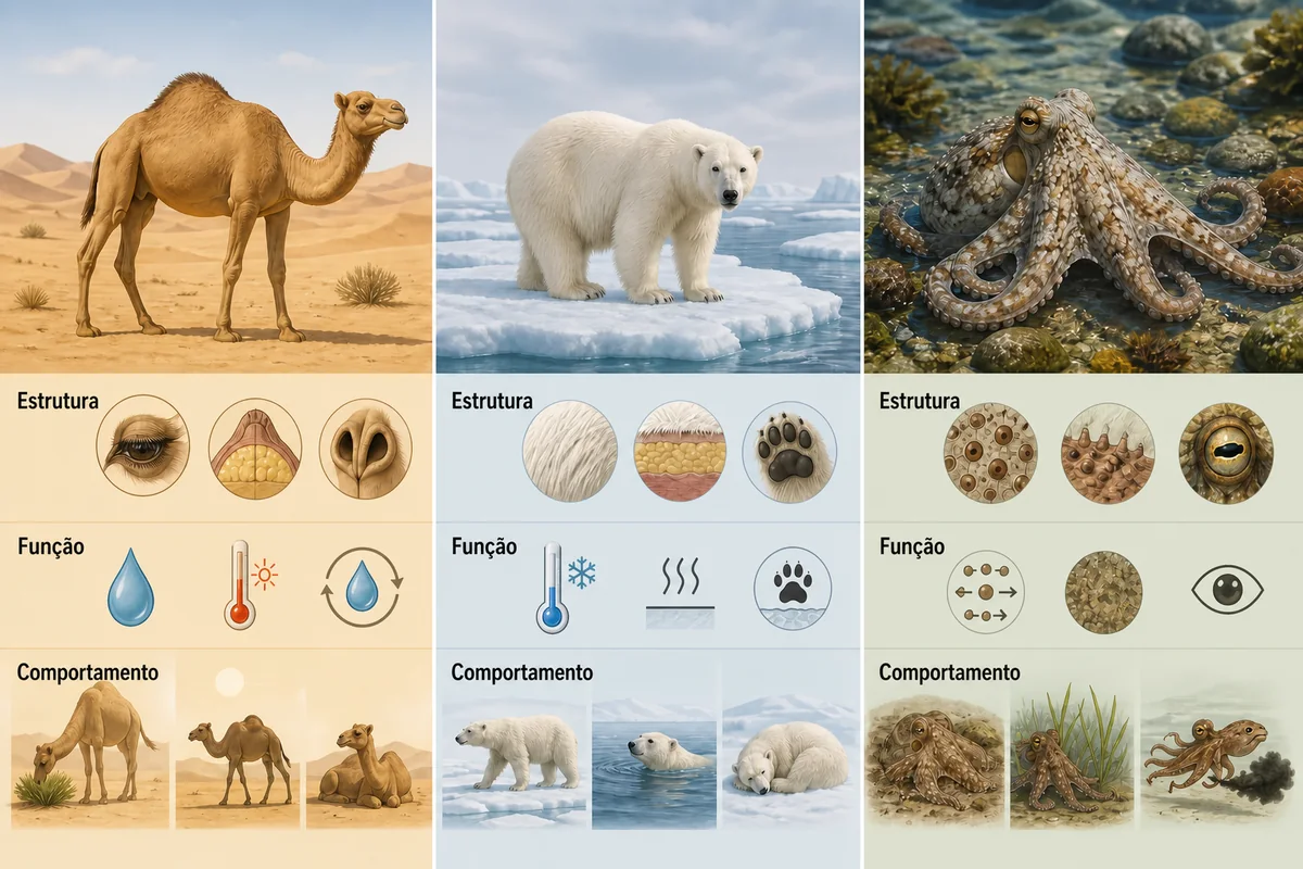 Comparação editorial das adaptações do camelo, urso-polar e polvo por estrutura, função e comportamento