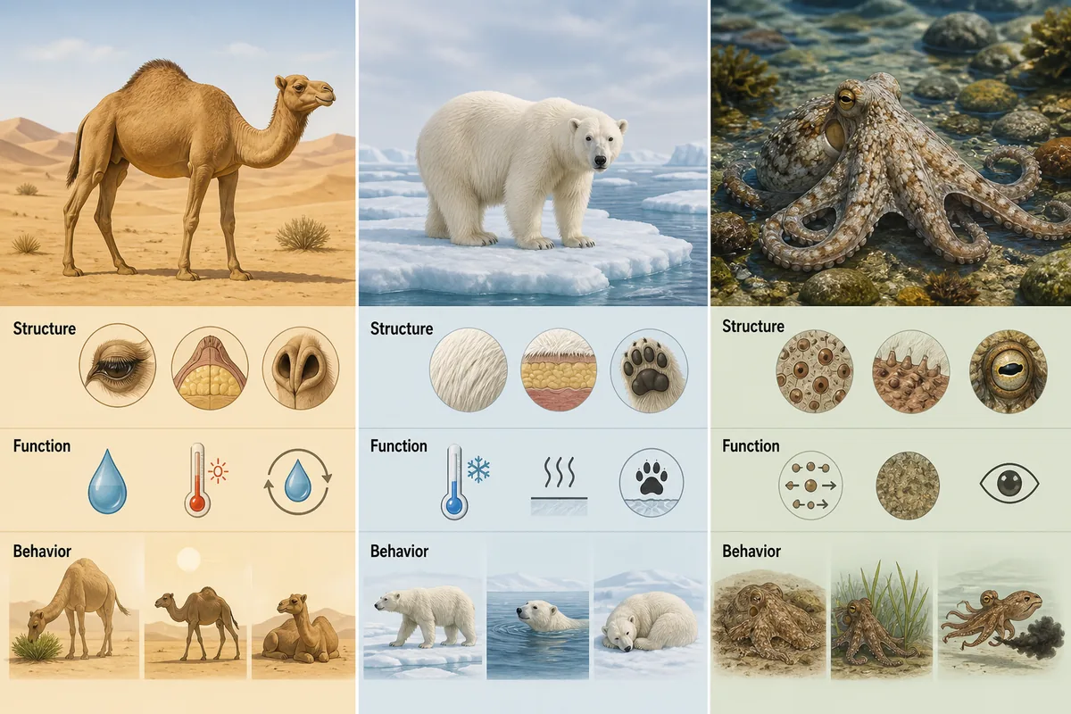 Editorial comparison of camel, polar bear, and octopus adaptations grouped as structure, function, and behavior