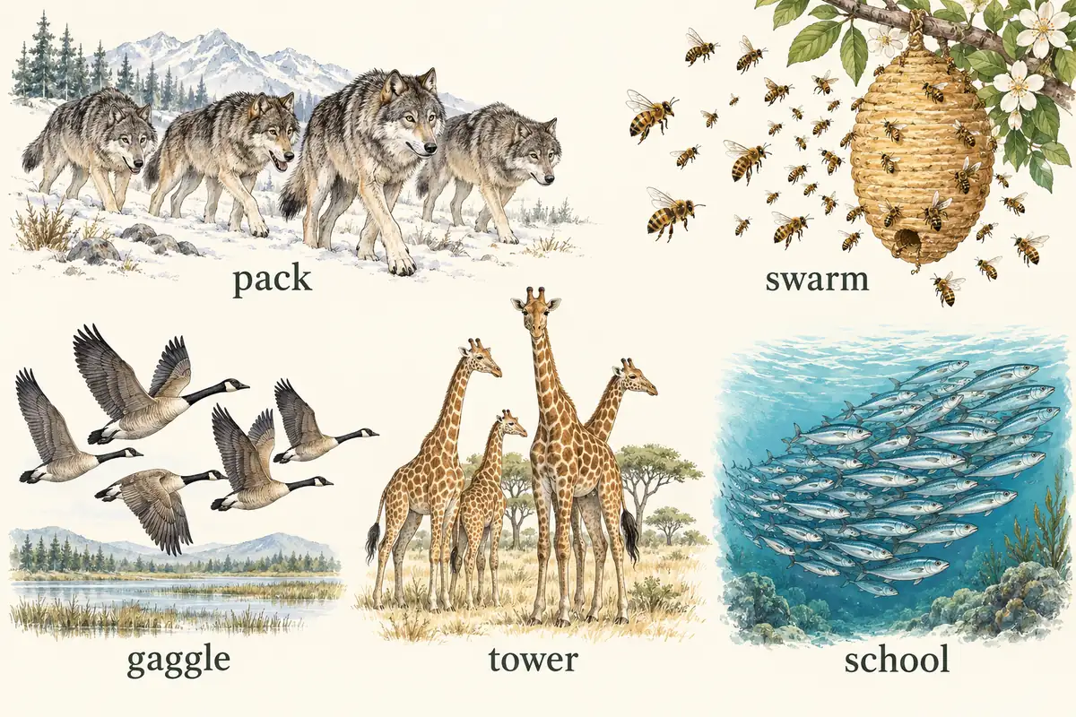 Grafico comparativo con un branco di lupi, uno sciame di api, un gruppo di oche, una torre di giraffe e un banco di pesci