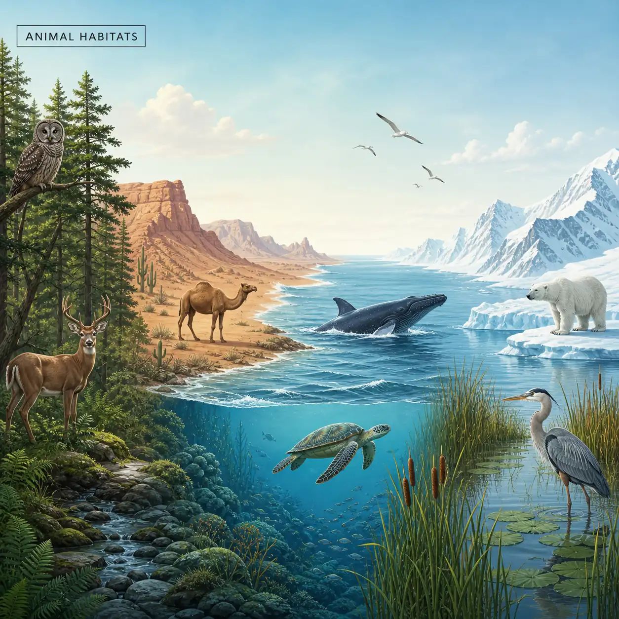 Editorial illustration of animal habitats with a forest, desert, ocean, wetland, and polar landscape connected by animal silhouettes