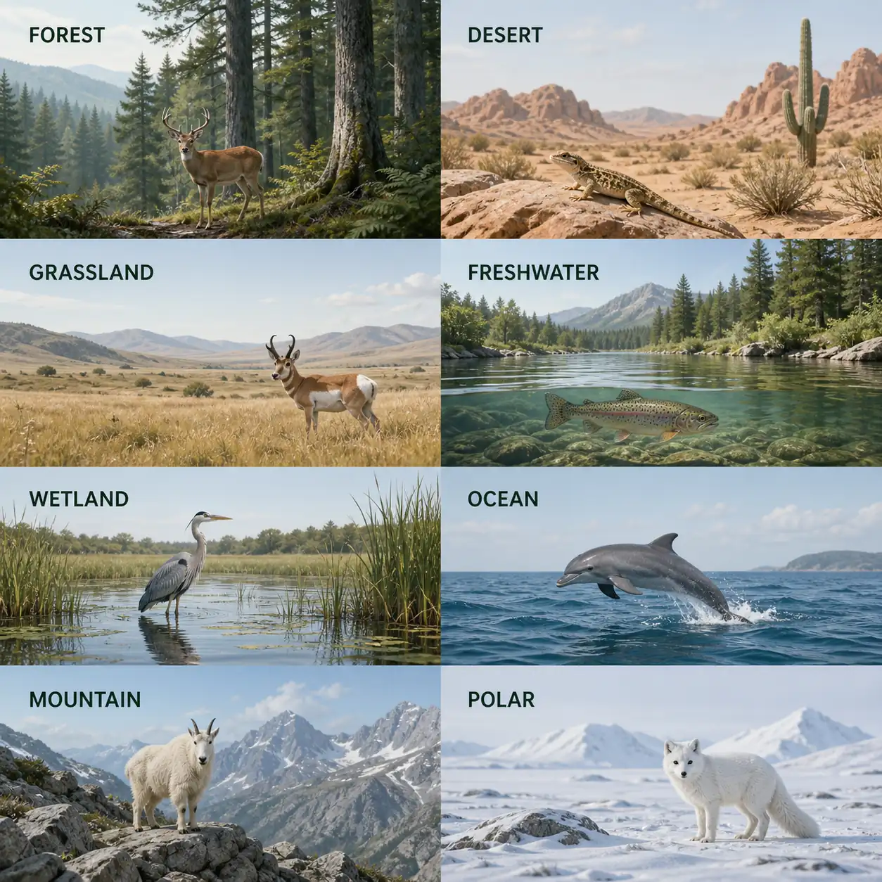 Clean comparison diagram showing forest, desert, freshwater, ocean, wetland, mountain, grassland, and polar animal habitats