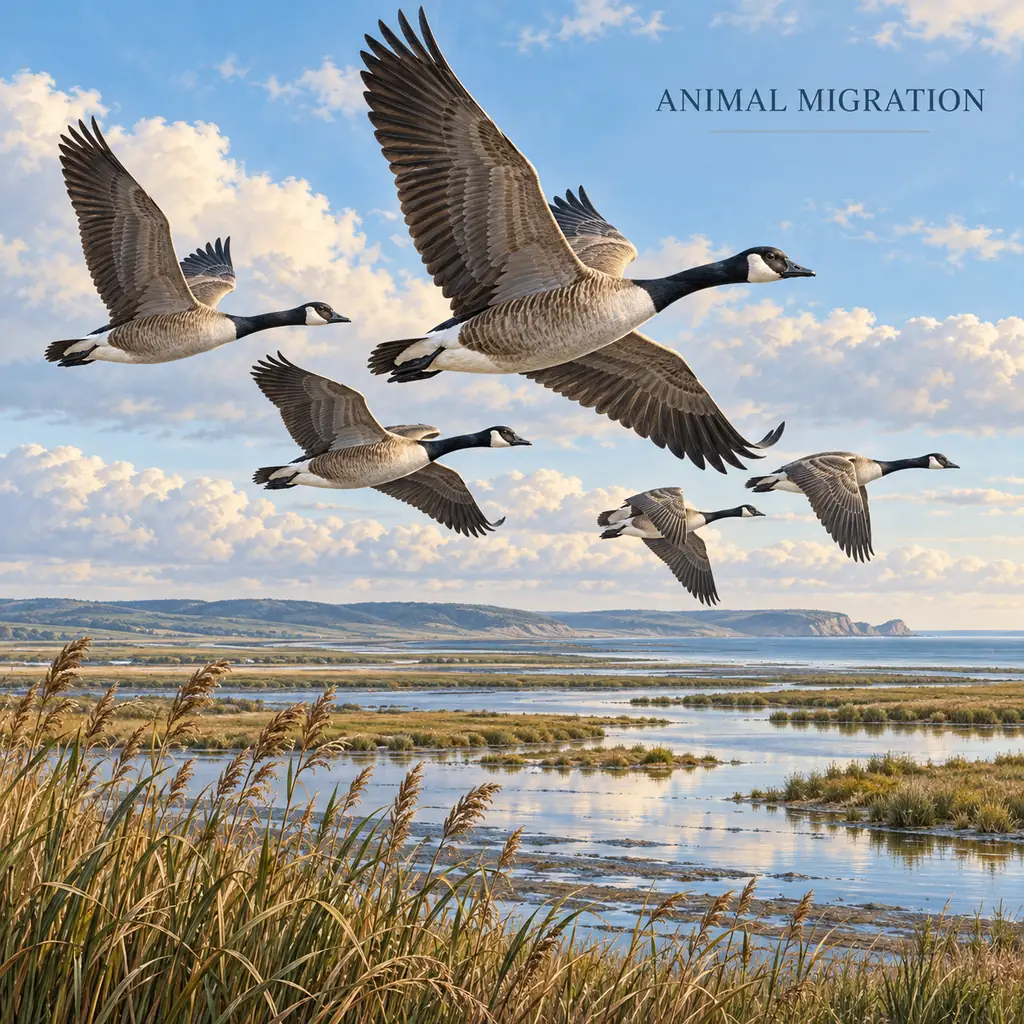 Des oies migratrices traversent un paysage de zones humides sous le texte Animal Migration