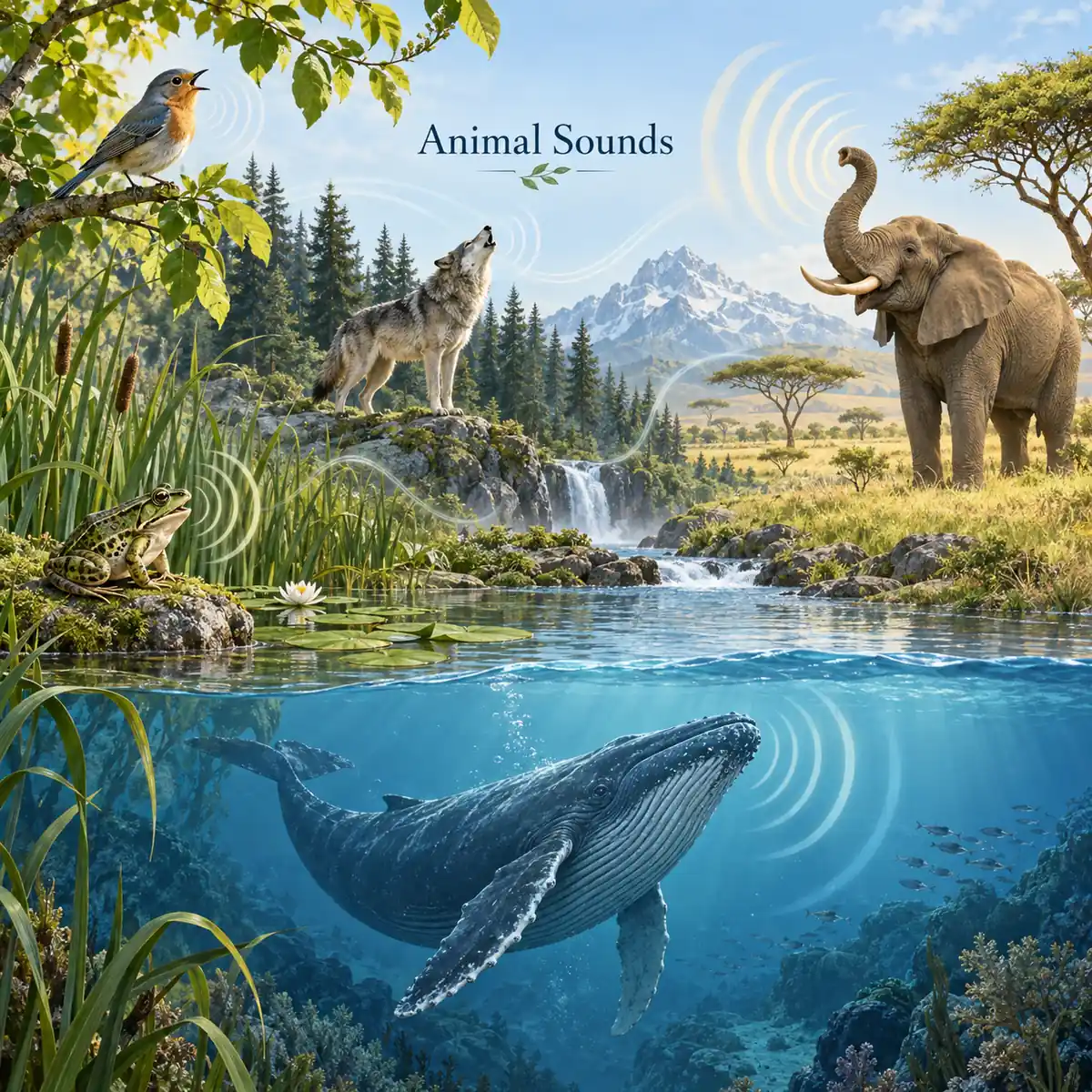 Songbird, frog, wolf, elephant, and whale connected by sound waves across forest, savanna, and ocean habitats