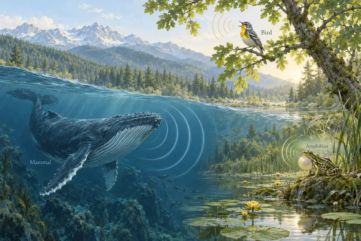 Whale, songbird, and frog shown as mammal, bird, and amphibian examples with distinct sound waves