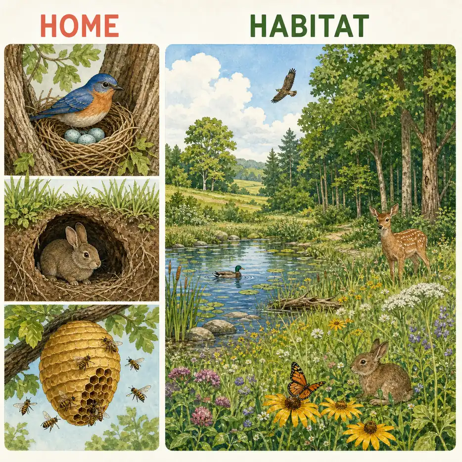 Vergleich zwischen Vogelnest, Kaninchenbau, Bienenstock und einem Lebensraum aus Wald und Teich
