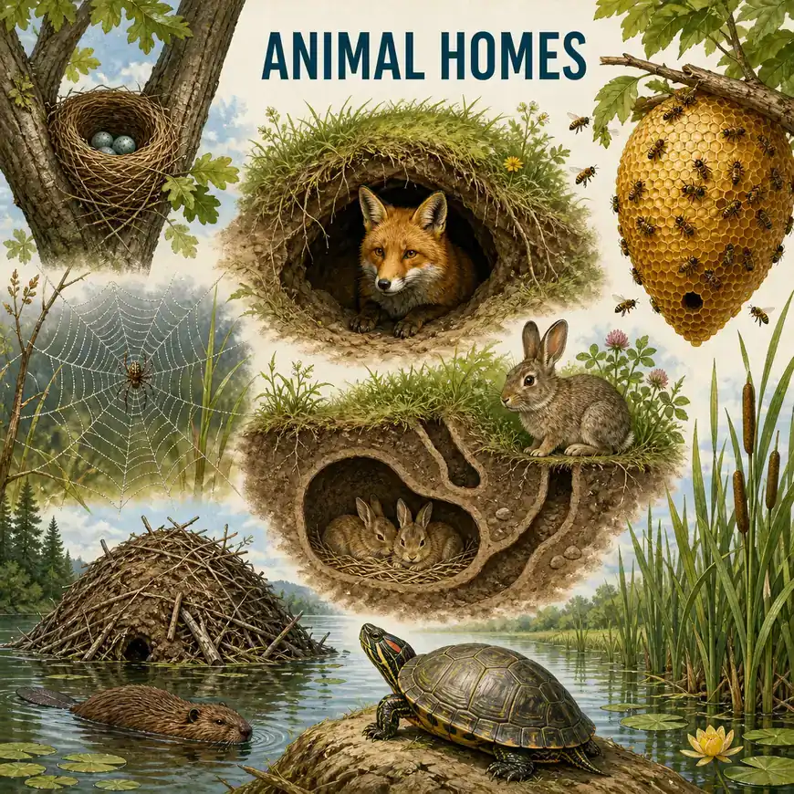 Illustration von Tierunterkünften mit Vogelnest, Fuchsbau, Kaninchenbau, Bienenstock, Spinnennetz, Biberburg und Teich