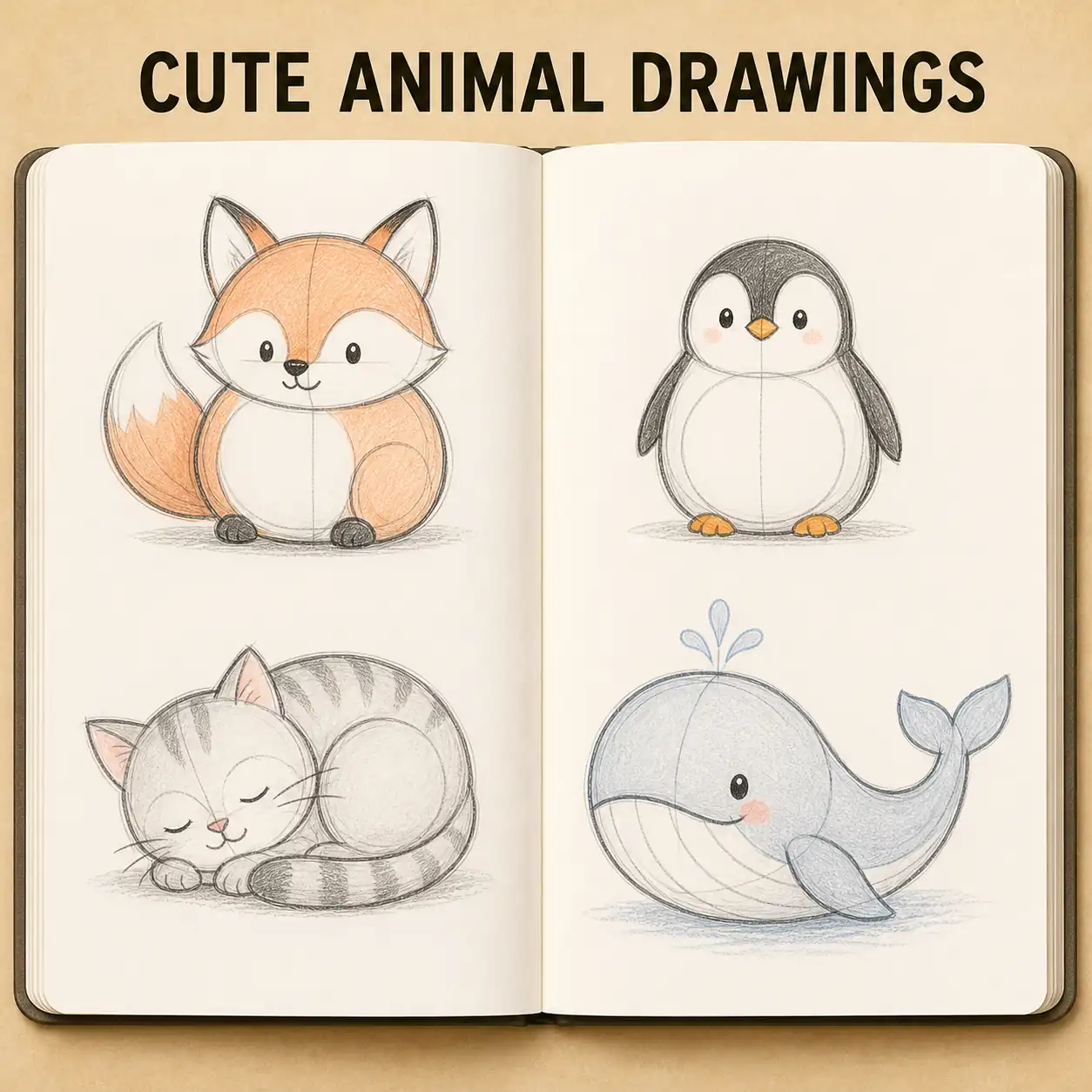 Quaderno con una volpe, un pinguino, un gatto addormentato e una balena disegnati con forme arrotondate