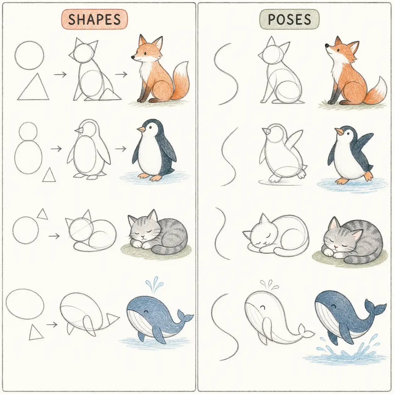 Illustrazione didattica che mostra disegni di animali carini dai cerchi e triangoli alle pose finite