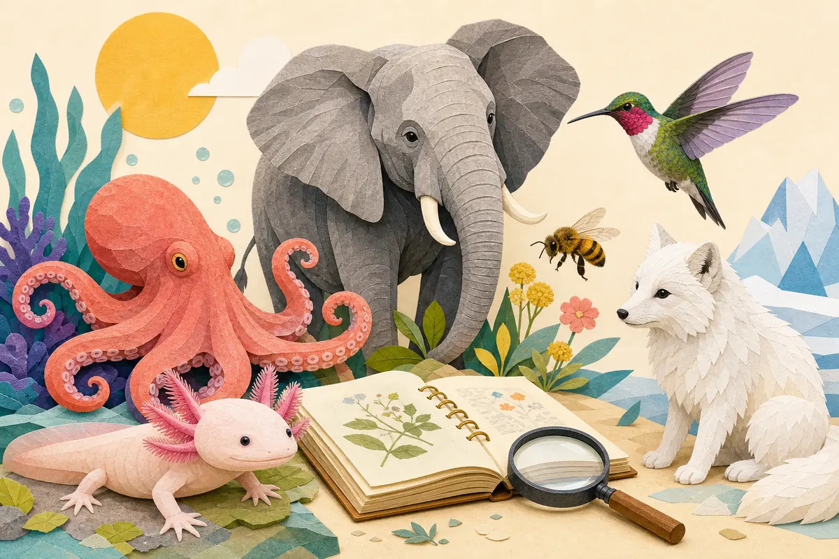 Animals from ocean, forest, polar, and freshwater habitats gathered around a field notebook