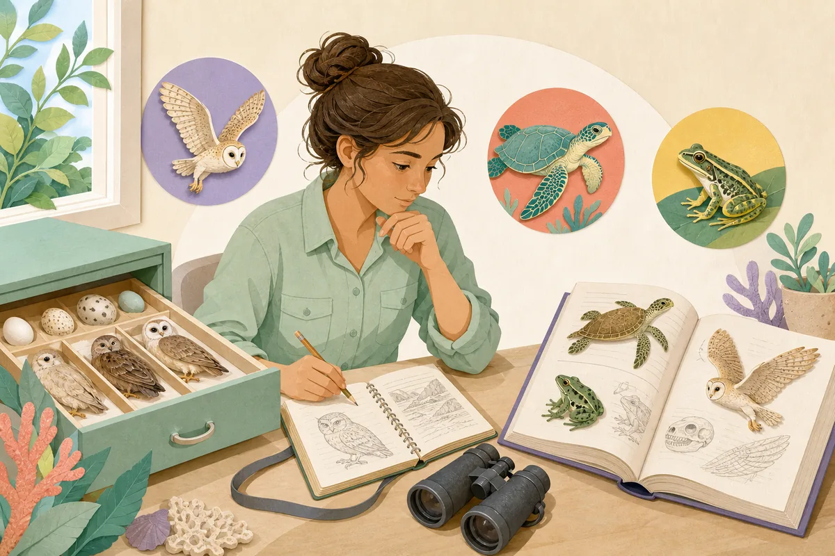 Researcher comparing field notes, museum specimens, and a zoology reference book