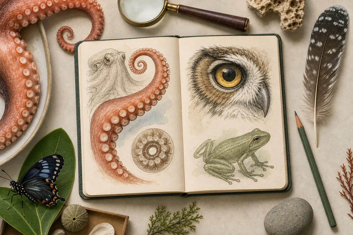 変わった動物の事実 natural history notebook with octopus, owl, butterfly, and frog clues